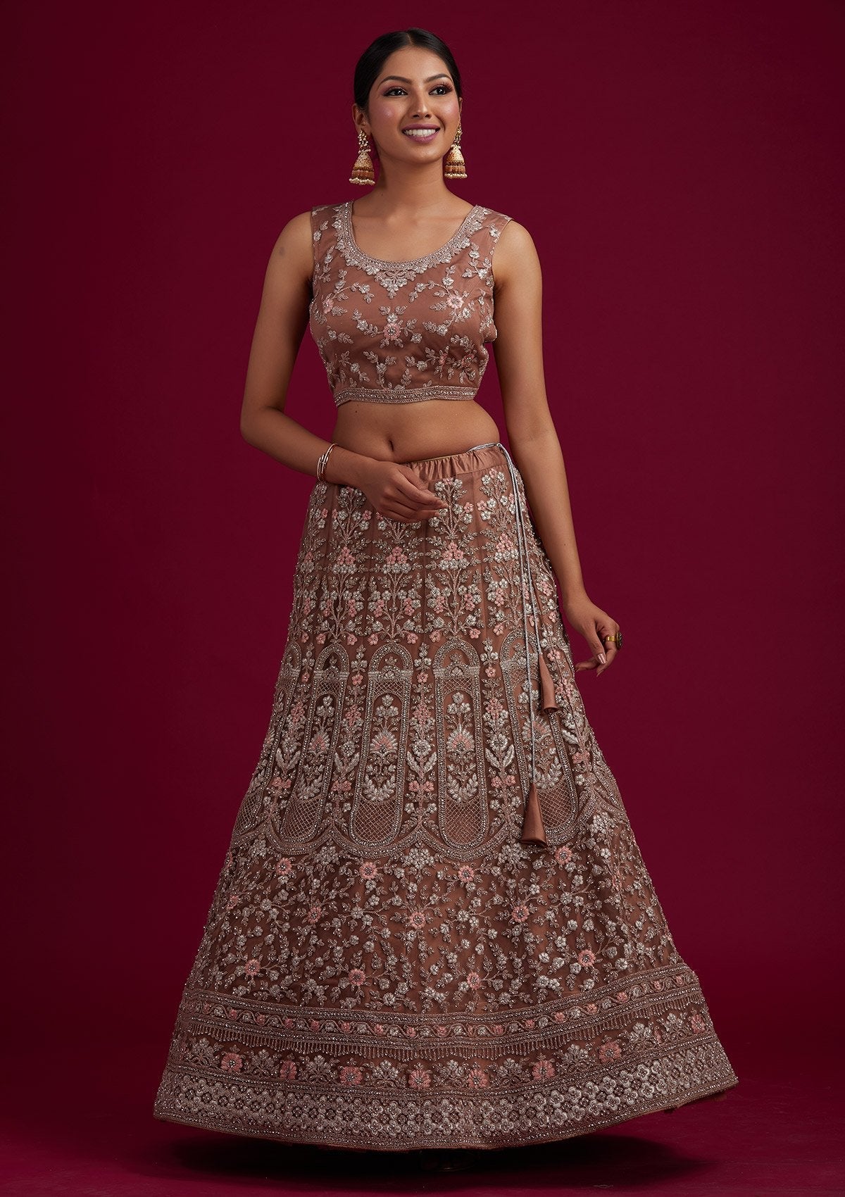 Light Brown Zariwork Net Designer Semi-Stitched Lehenga - koskii