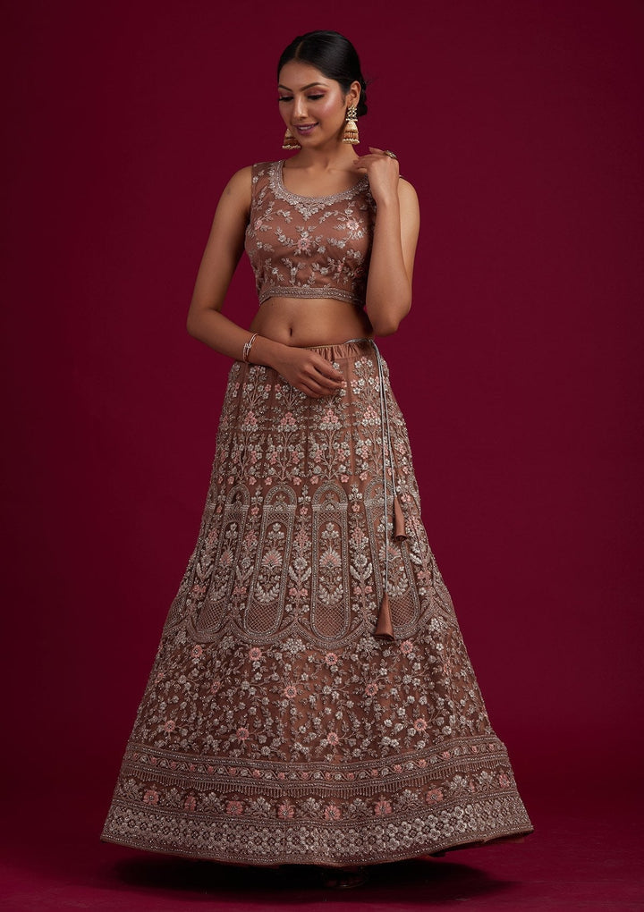 Light Brown Zariwork Net Designer Semi-Stitched Lehenga - koskii