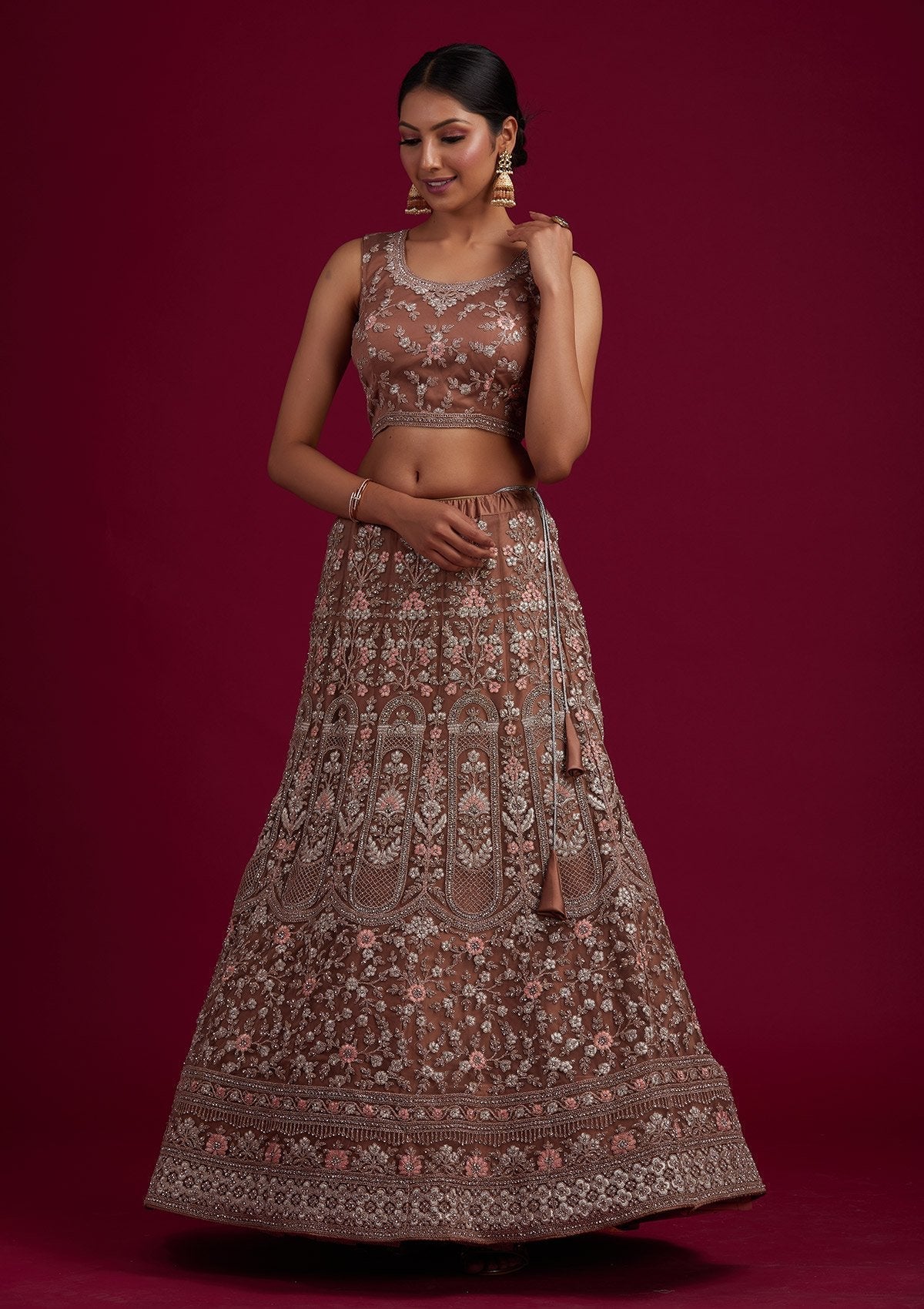 Light Brown Zariwork Net Designer Semi-Stitched Lehenga - koskii