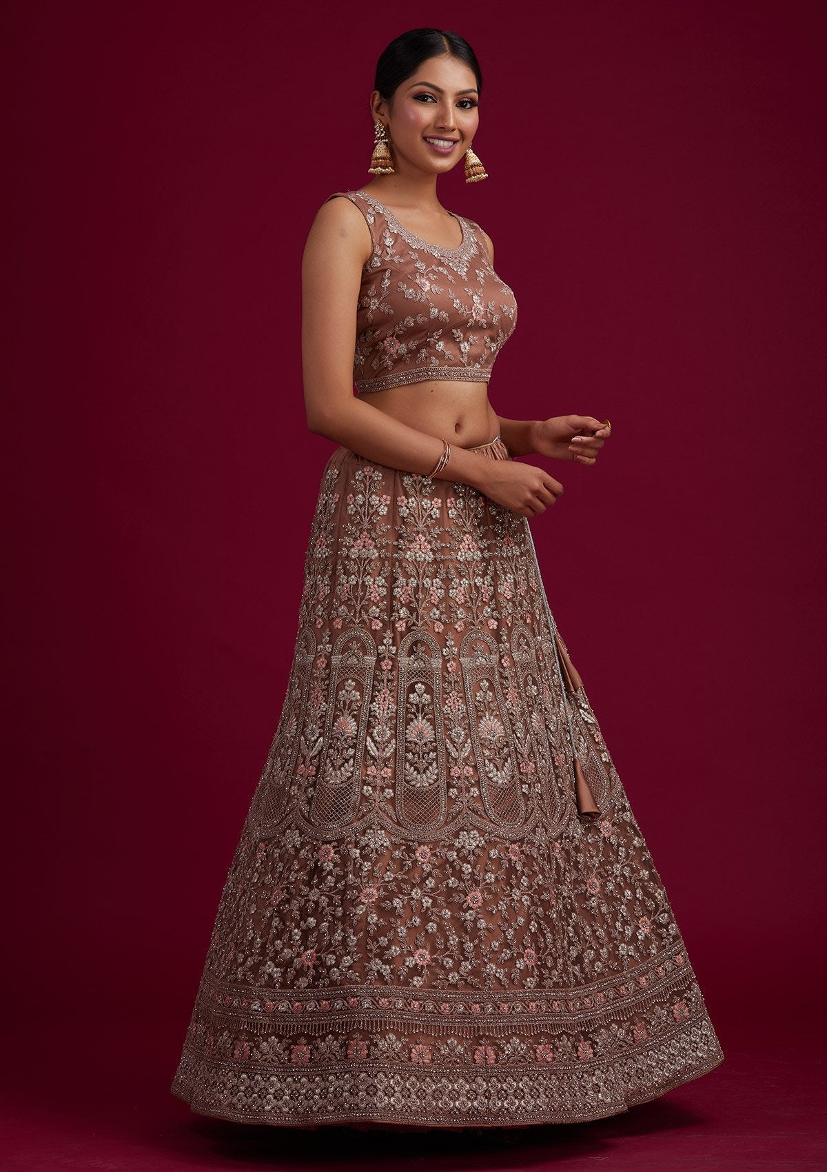 Light Brown Zariwork Net Designer Semi-Stitched Lehenga - koskii