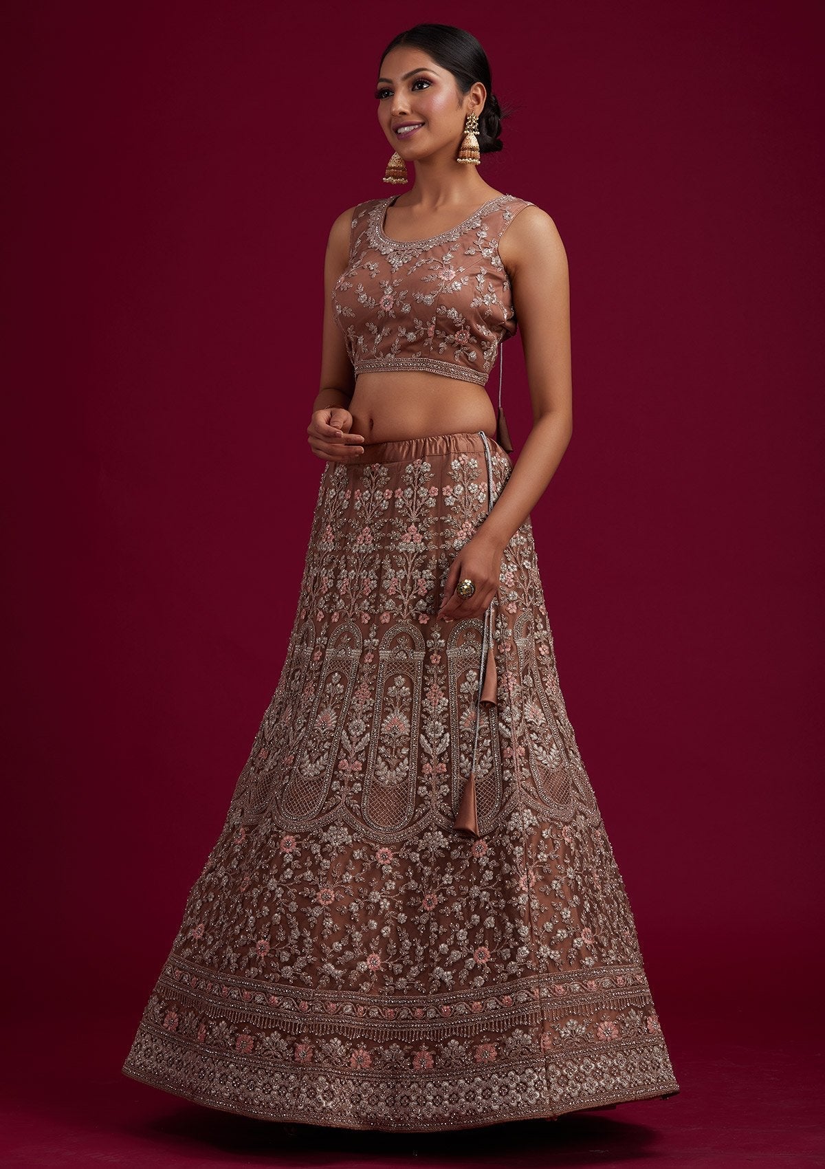 Light Brown Zariwork Net Designer Semi-Stitched Lehenga - koskii