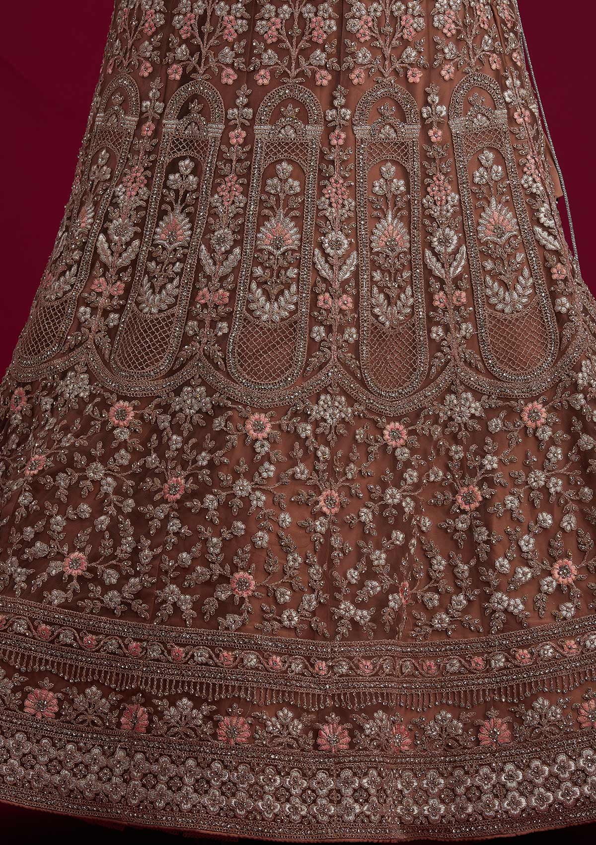 Light Brown Zariwork Net Designer Semi-Stitched Lehenga - koskii