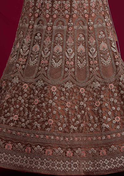 Light Brown Zariwork Net Designer Semi-Stitched Lehenga - koskii