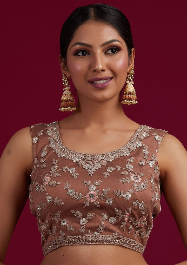 Light Brown Zariwork Net Designer Semi-Stitched Lehenga - koskii