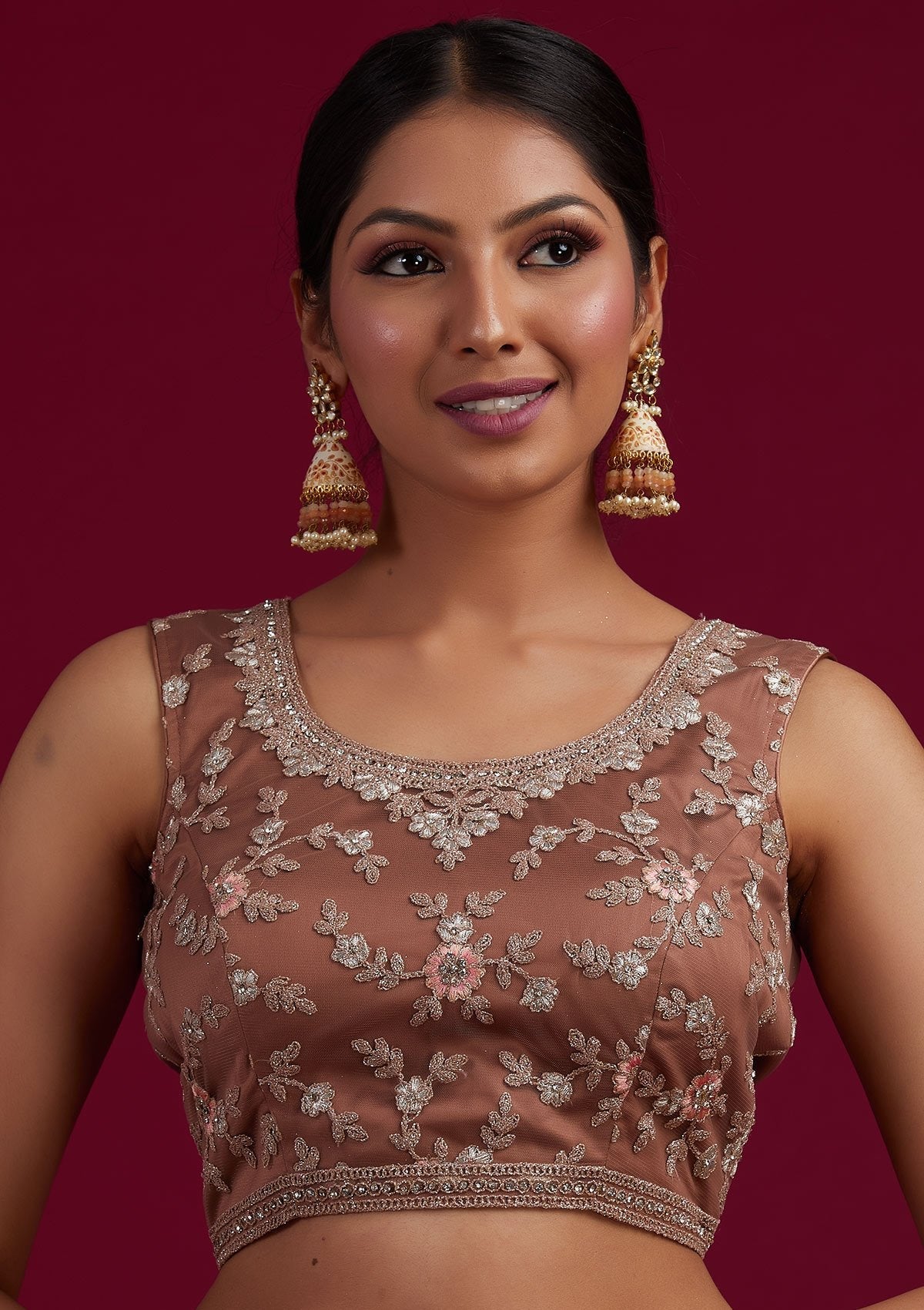 Light Brown Zariwork Net Designer Semi-Stitched Lehenga - koskii