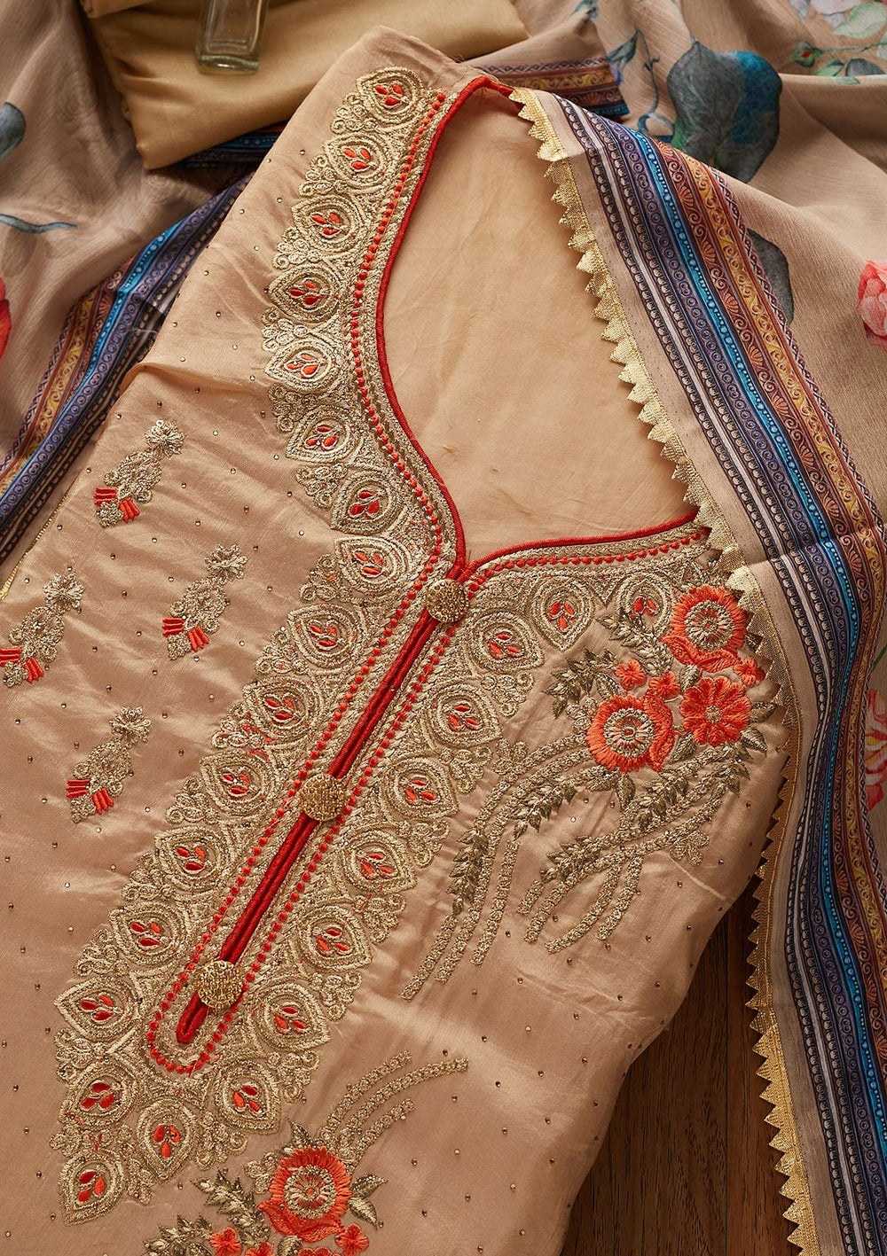 Light Brown Zariwork Semi Crepe Designer Semi-Stitched Salwar Suit - koskii