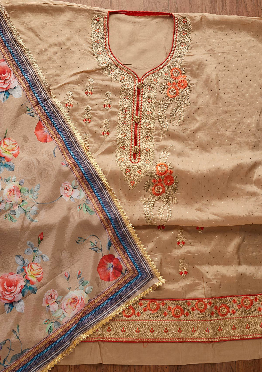 Light Brown Zariwork Semi Crepe Designer Semi-Stitched Salwar Suit - koskii