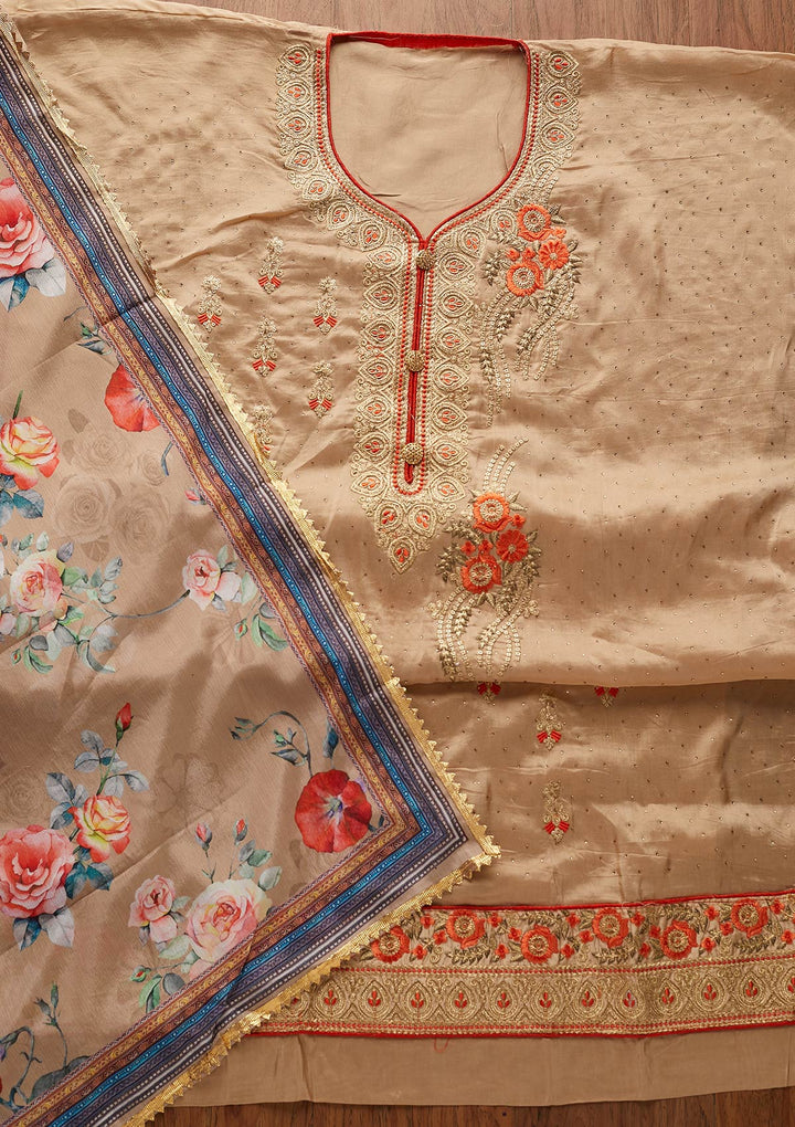 Light Brown Zariwork Semi Crepe Designer Semi-Stitched Salwar Suit - koskii