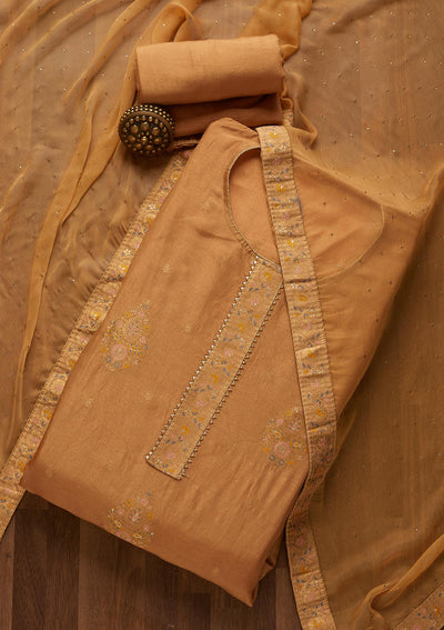 Light Brown Zariwork Semi Crepe Unstitched Salwar Suit-Koskii
