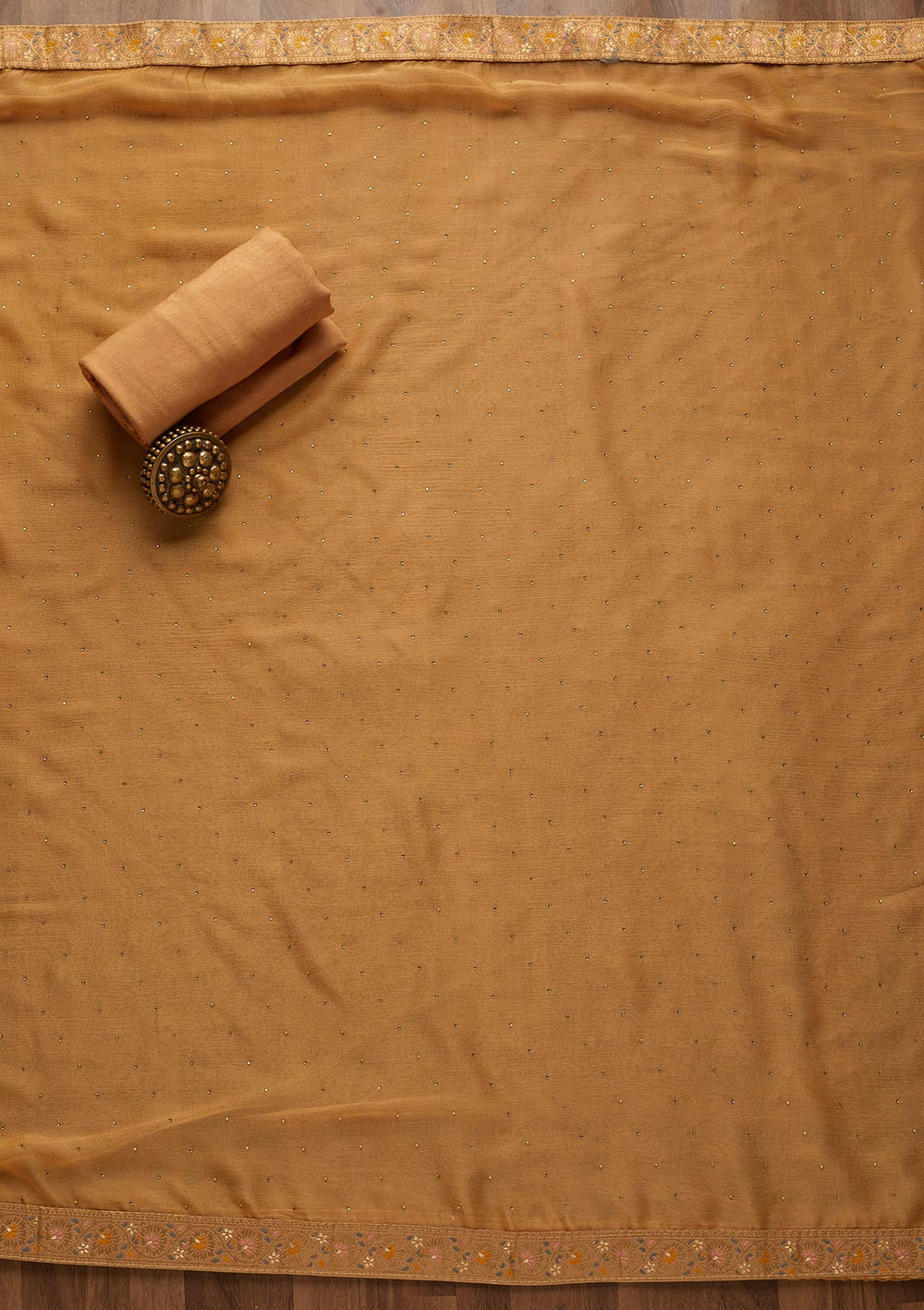 Light Brown Zariwork Semi Crepe Unstitched Salwar Suit-Koskii