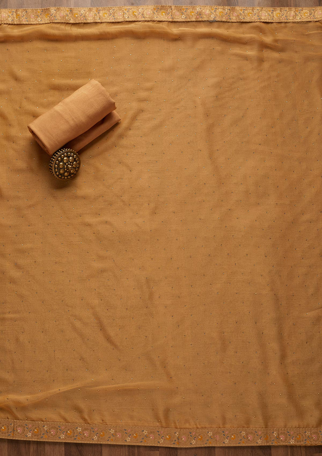 Light Brown Zariwork Semi Crepe Unstitched Salwar Suit-Koskii