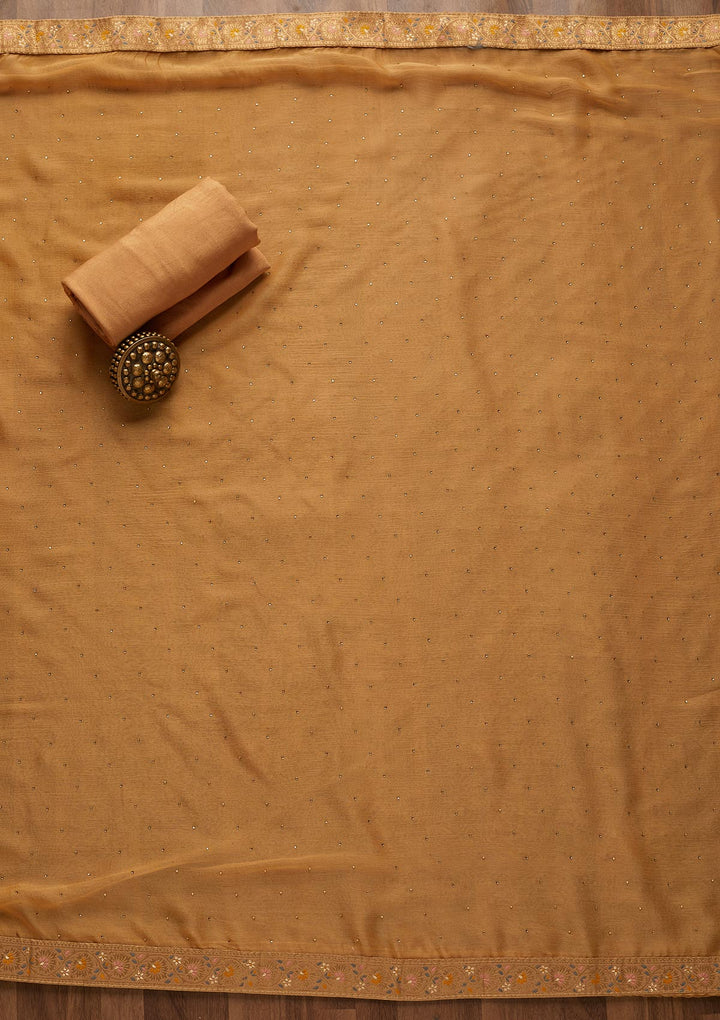 Light Brown Zariwork Semi Crepe Unstitched Salwar Suit-Koskii