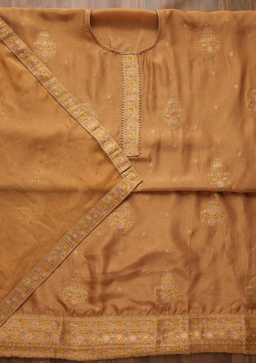 Light Brown Zariwork Semi Crepe Unstitched Salwar Suit-Koskii
