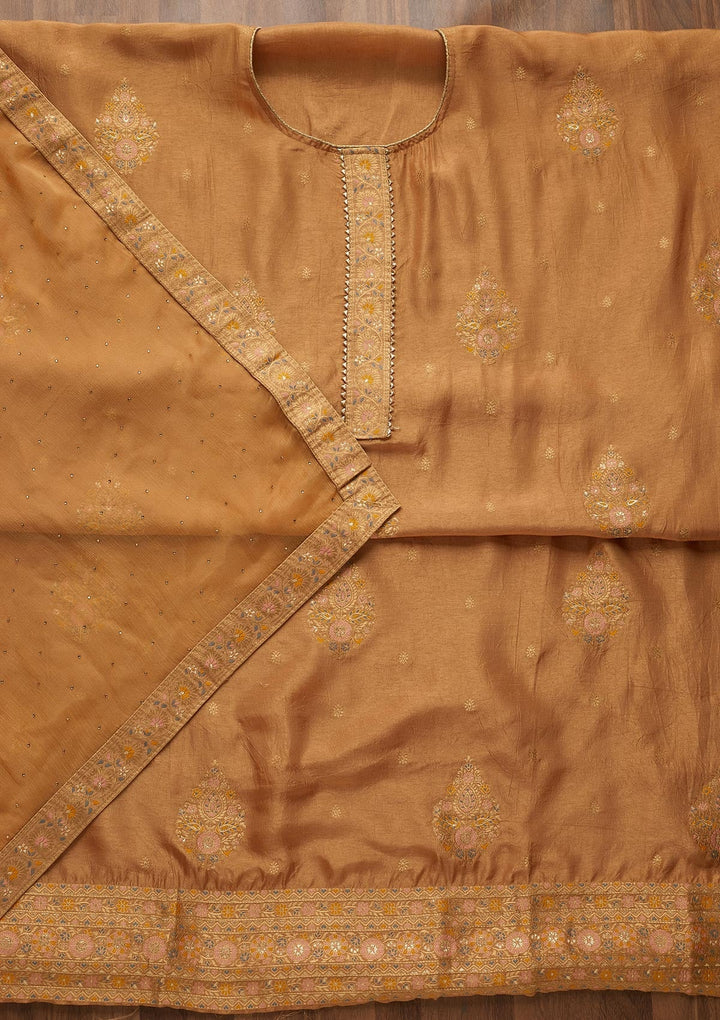Light Brown Zariwork Semi Crepe Unstitched Salwar Suit-Koskii