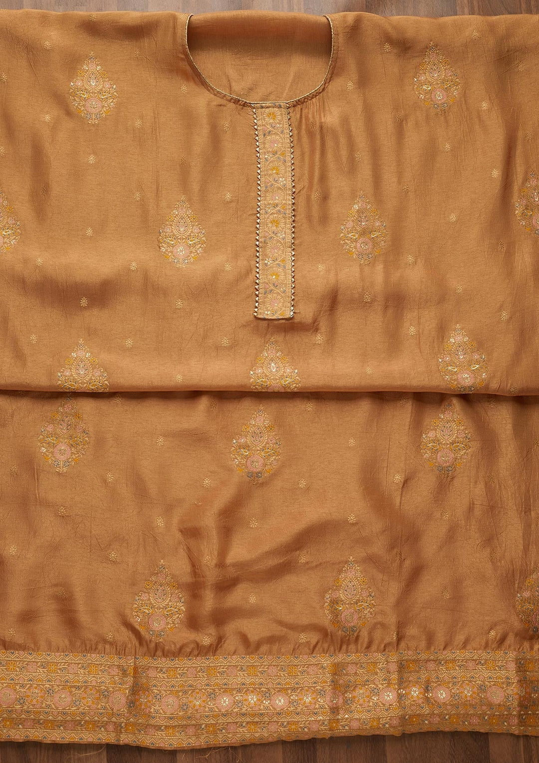 Light Brown Zariwork Semi Crepe Unstitched Salwar Suit-Koskii