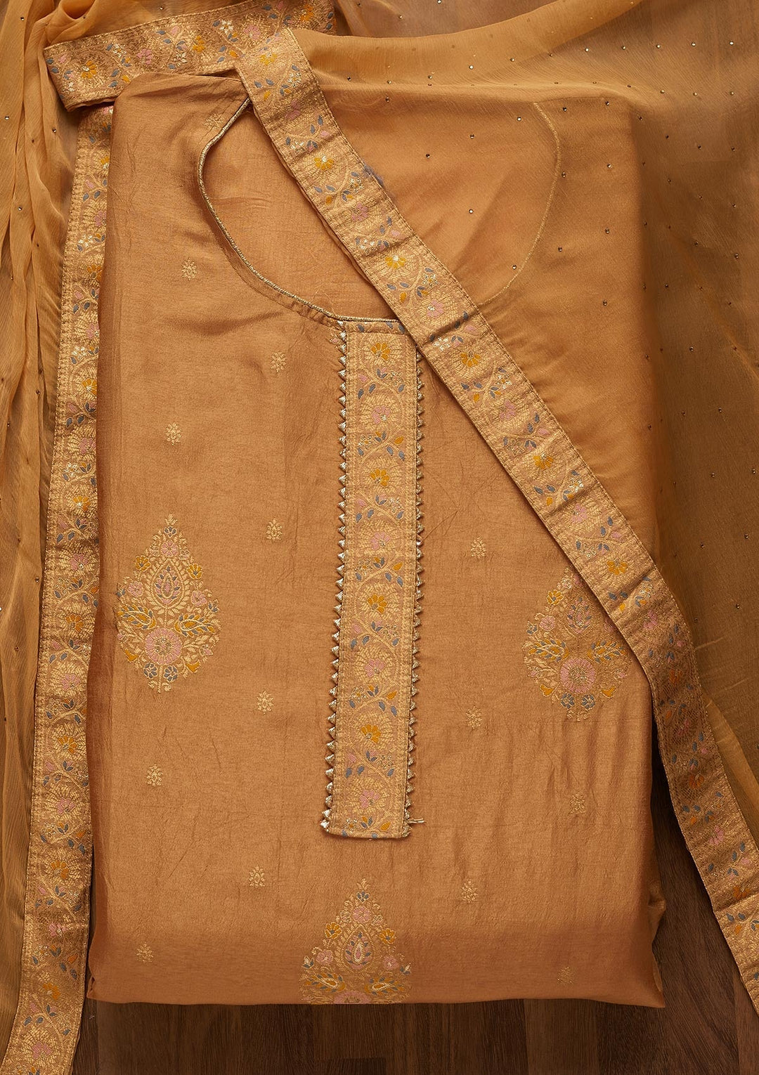 Light Brown Zariwork Semi Crepe Unstitched Salwar Suit-Koskii