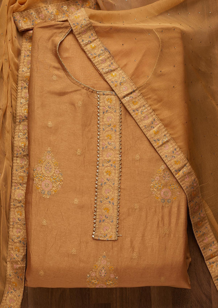 Light Brown Zariwork Semi Crepe Unstitched Salwar Suit-Koskii