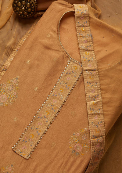 Light Brown Zariwork Semi Crepe Unstitched Salwar Suit-Koskii