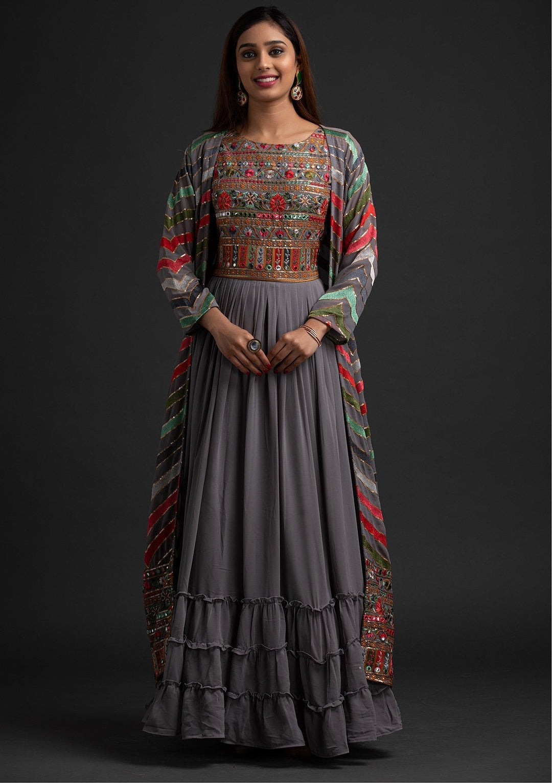 Light Grey Chikankari Georgette Designer Gown - koskii