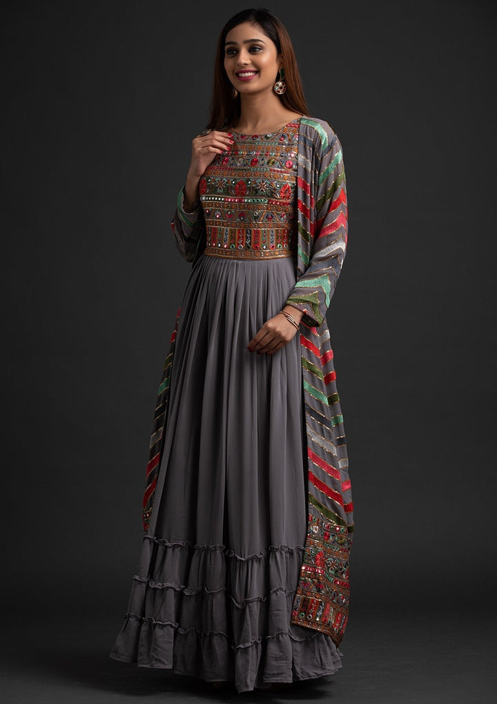 Light Grey Chikankari Georgette Designer Gown - koskii