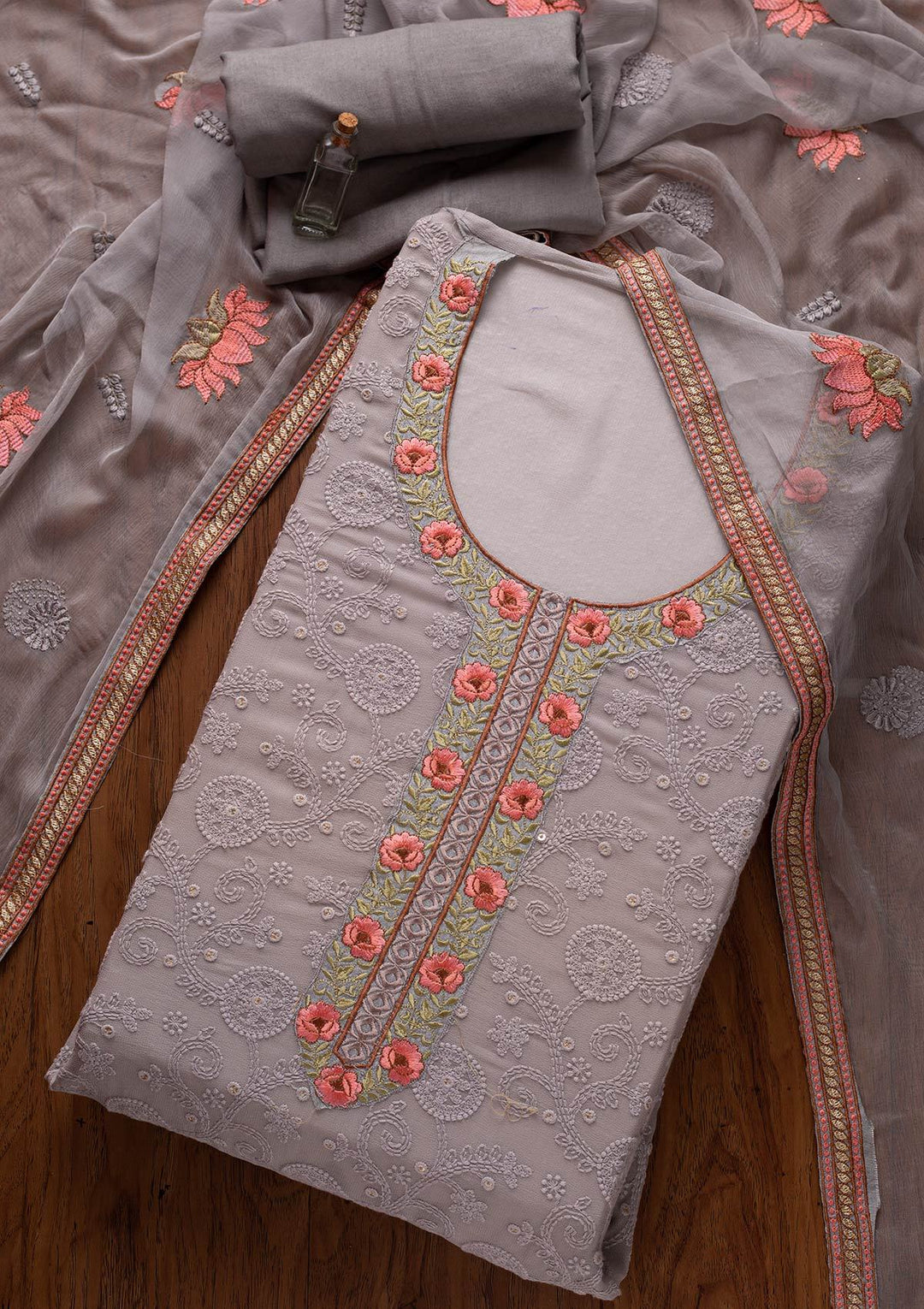 Light Grey Chikankari Georgette Designer Unstitched Salwar Suit - koskii