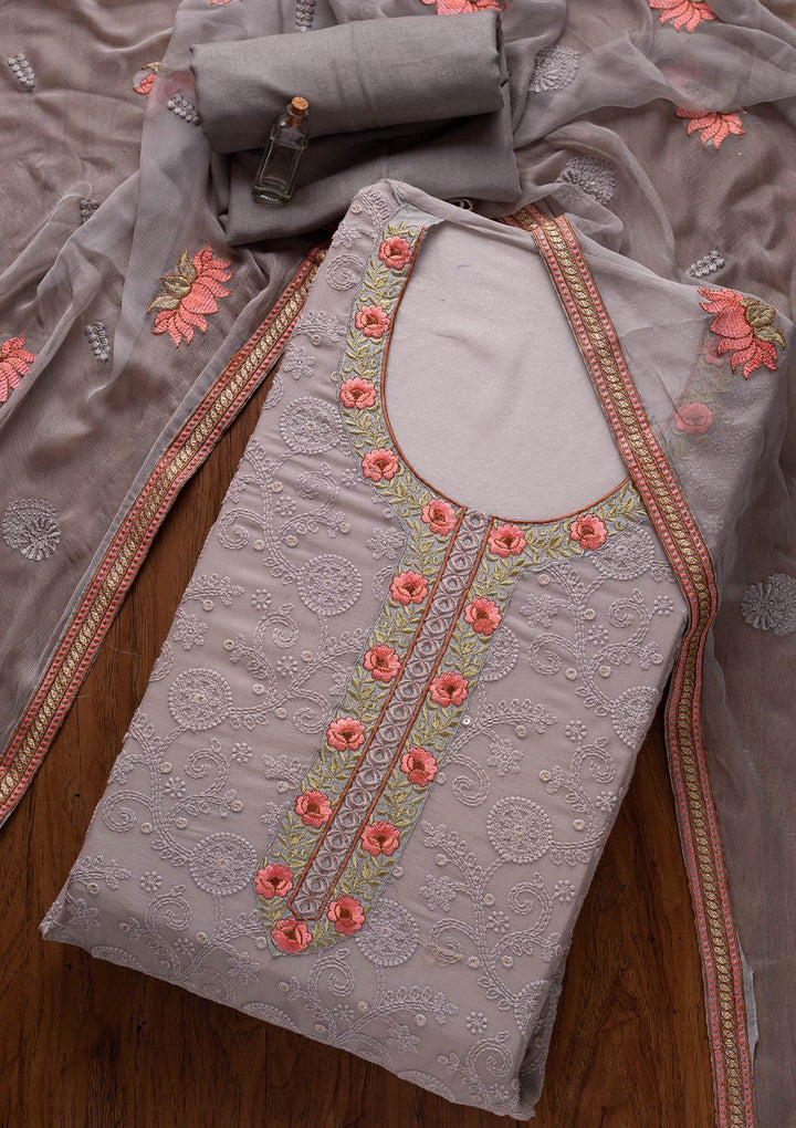 Light Grey Chikankari Georgette Designer Unstitched Salwar Suit - koskii
