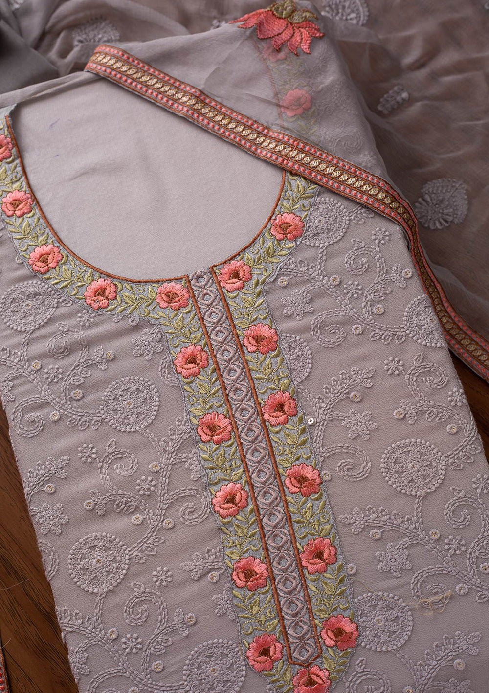Light Grey Chikankari Georgette Designer Unstitched Salwar Suit - koskii