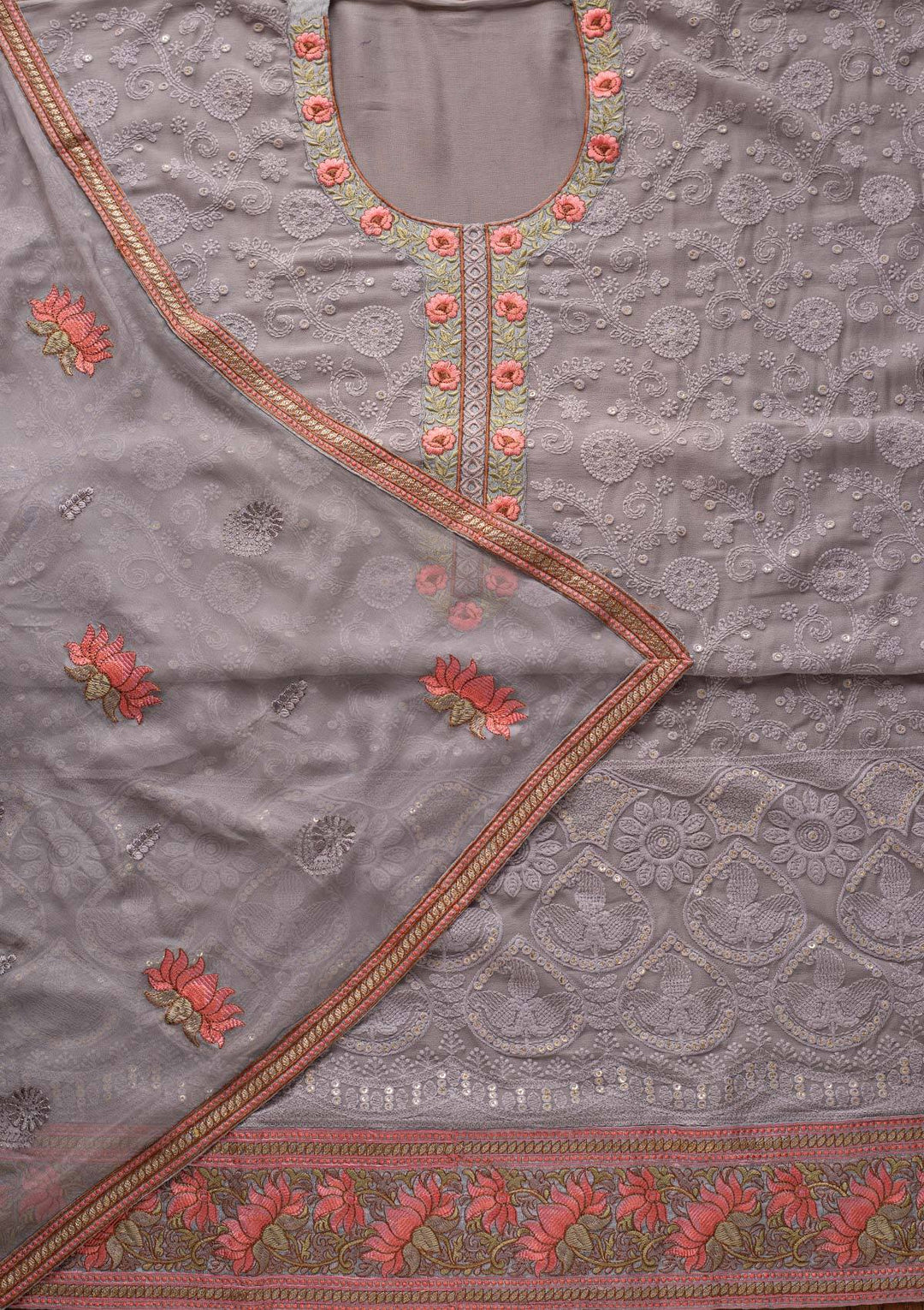 Light Grey Chikankari Georgette Designer Unstitched Salwar Suit - koskii