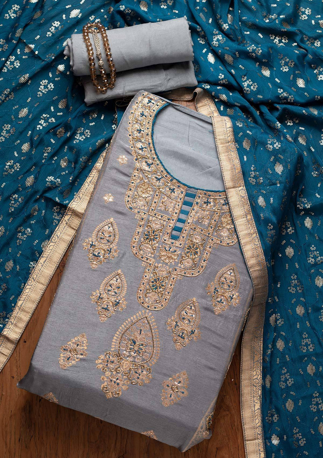 Light Grey Cutdana Banarasi Designer Semi-Stitched Salwar Suit - koskii