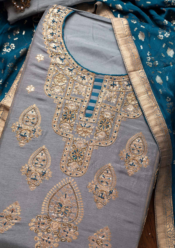 Light Grey Cutdana Banarasi Designer Semi-Stitched Salwar Suit - koskii