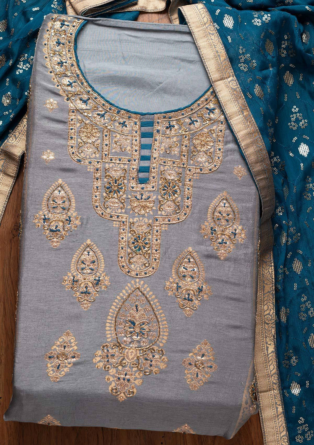 Light Grey Cutdana Banarasi Designer Semi-Stitched Salwar Suit - koskii