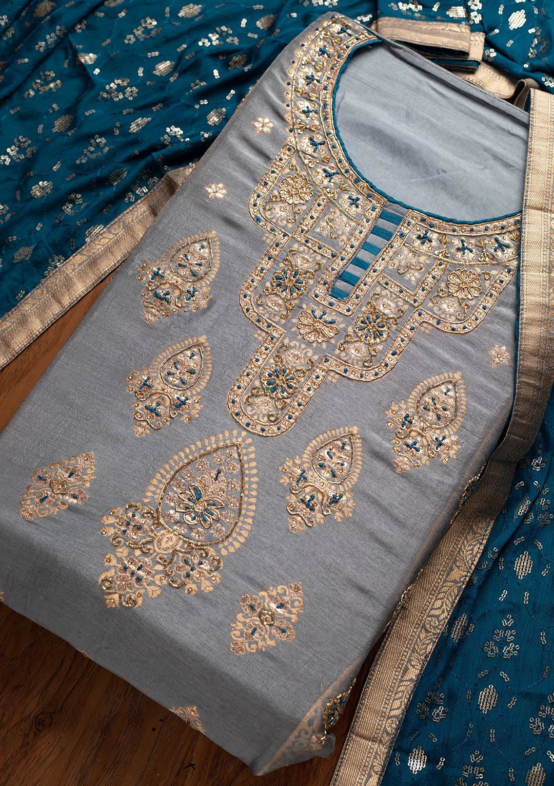 Light Grey Cutdana Banarasi Designer Semi-Stitched Salwar Suit - koskii