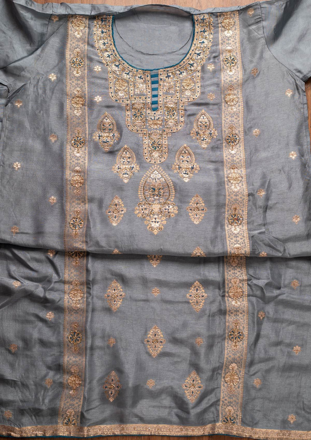 Light Grey Cutdana Banarasi Designer Semi-Stitched Salwar Suit - koskii