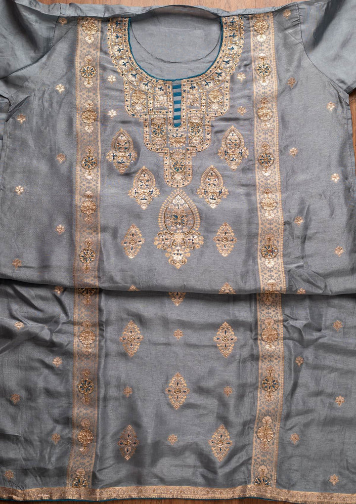 Light Grey Cutdana Banarasi Designer Semi-Stitched Salwar Suit - koskii