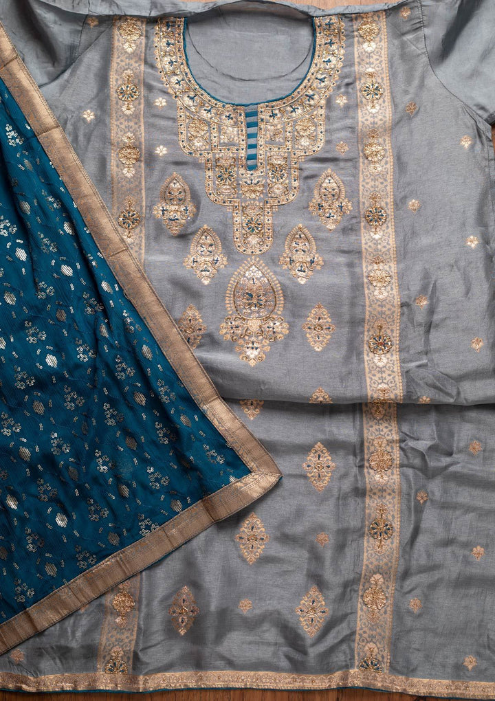 Light Grey Cutdana Banarasi Designer Semi-Stitched Salwar Suit - koskii