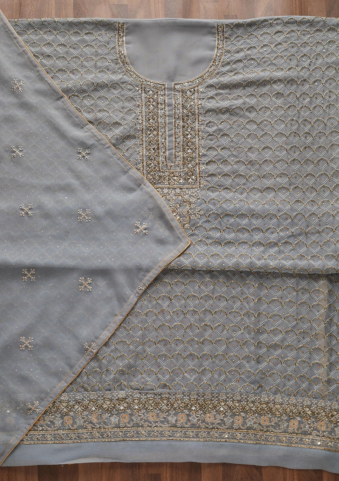 Light Grey Cutdana Georgette Designer Unstitched Salwar Suit - Koskii