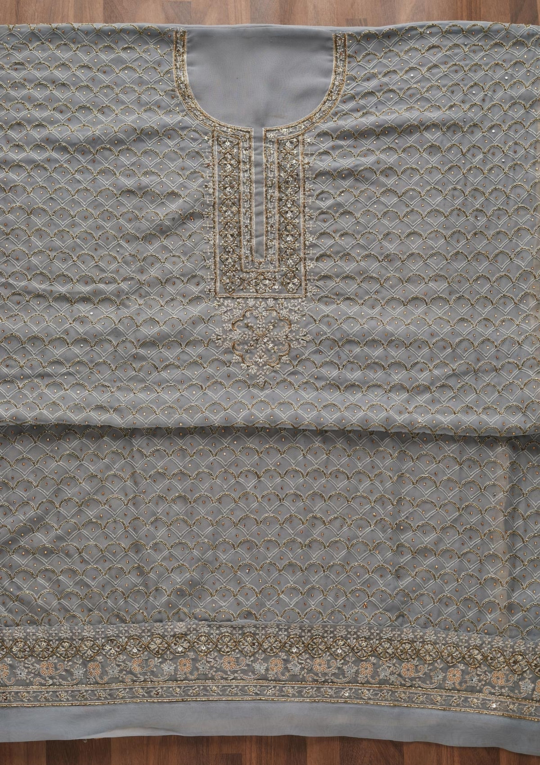 Light Grey Cutdana Georgette Designer Unstitched Salwar Suit - Koskii