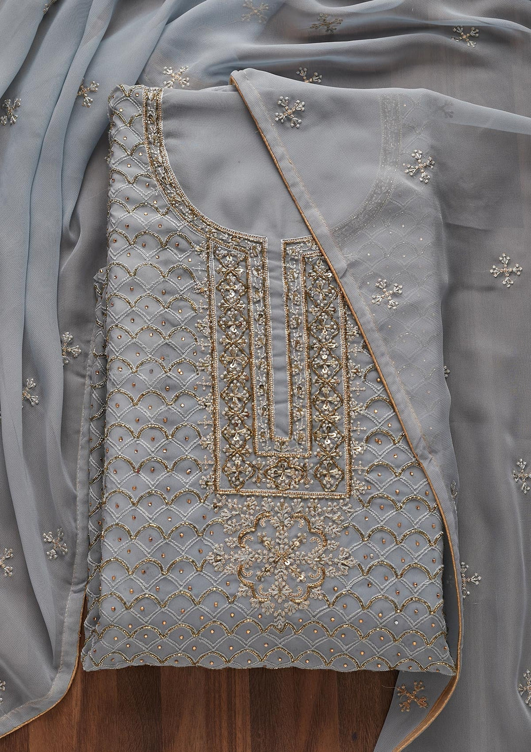 Light Grey Cutdana Georgette Designer Unstitched Salwar Suit - Koskii