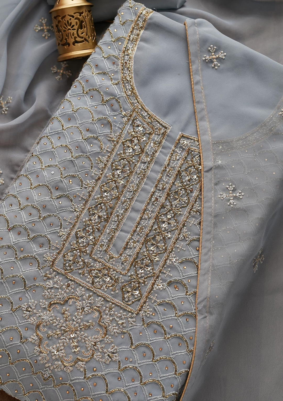 Light Grey Cutdana Georgette Designer Unstitched Salwar Suit - Koskii