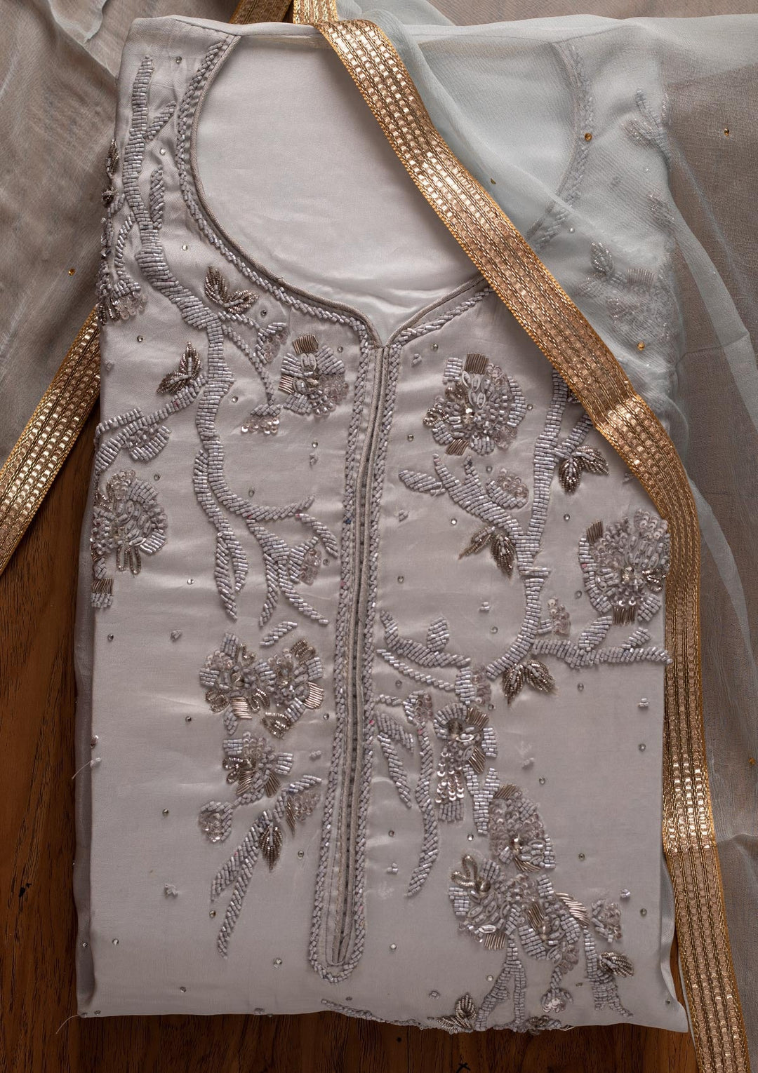 Light Grey Cutdana Semi Crepe Designer Semi-Stitched Salwar Suit - koskii