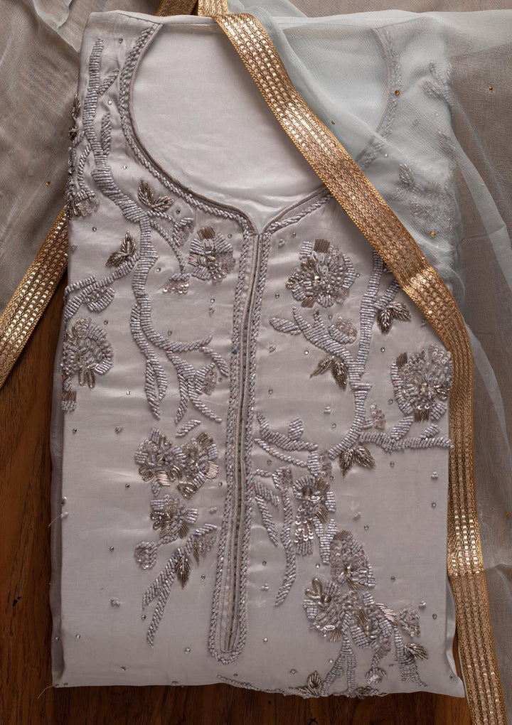 Light Grey Cutdana Semi Crepe Designer Semi-Stitched Salwar Suit - koskii