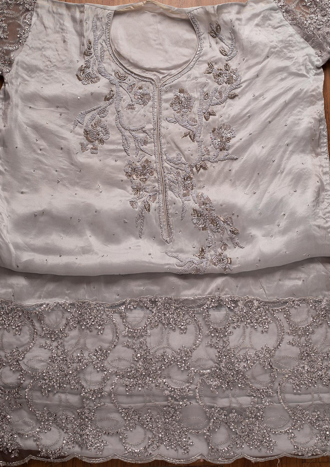 Light Grey Cutdana Semi Crepe Designer Semi-Stitched Salwar Suit - koskii