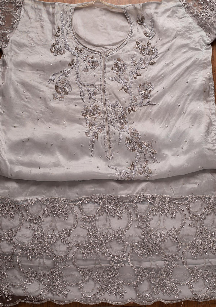 Light Grey Cutdana Semi Crepe Designer Semi-Stitched Salwar Suit - koskii
