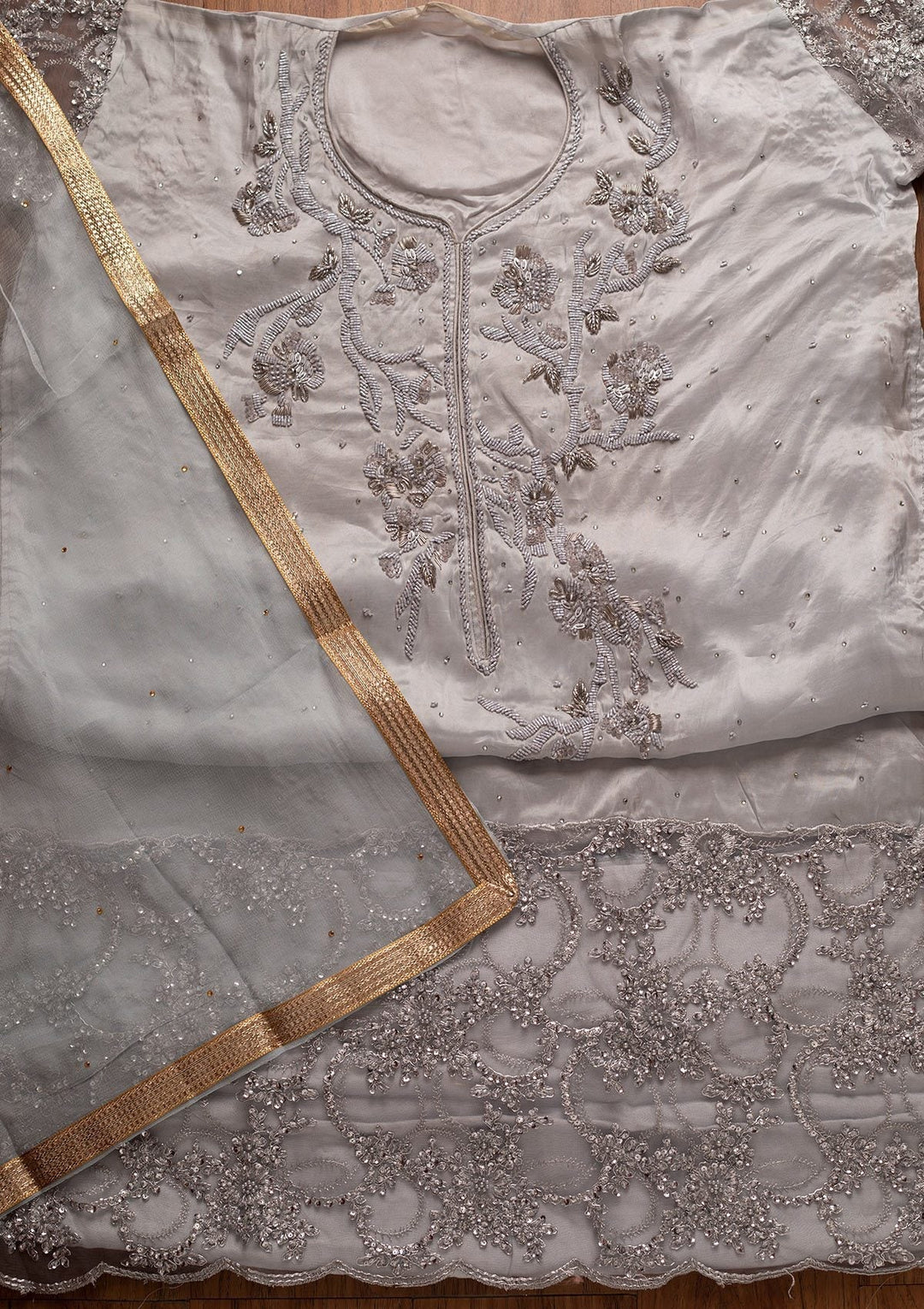 Light Grey Cutdana Semi Crepe Designer Semi-Stitched Salwar Suit - koskii