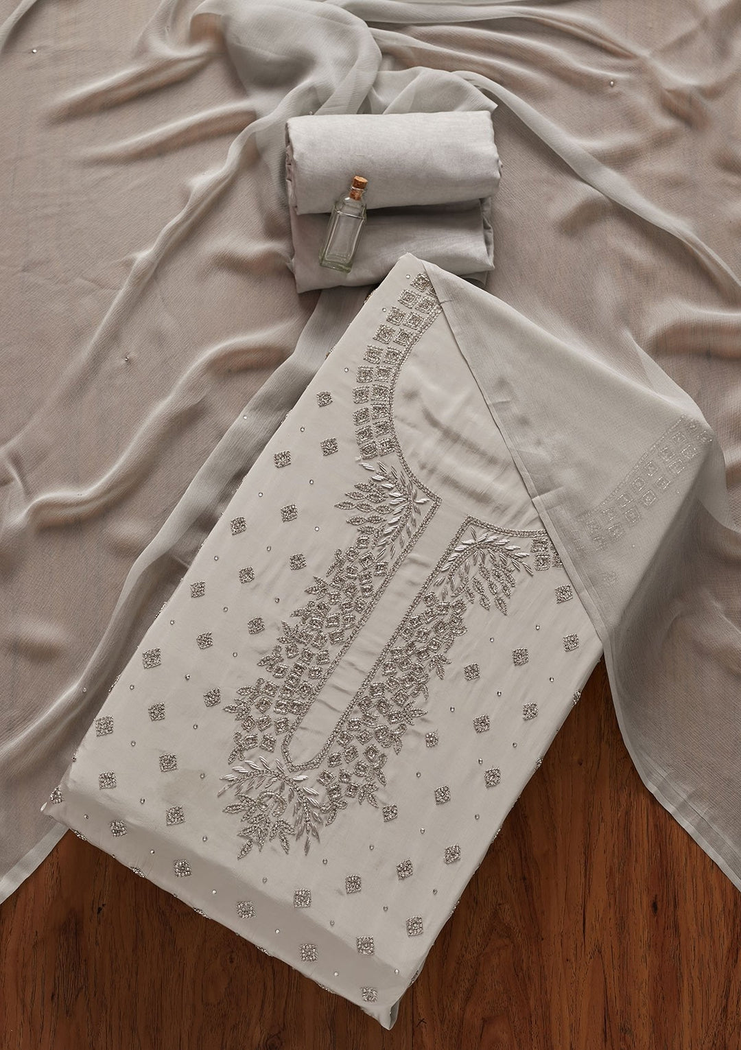 Light Grey Cutdana Semi Crepe Designer Unstitched Salwar Suit - koskii