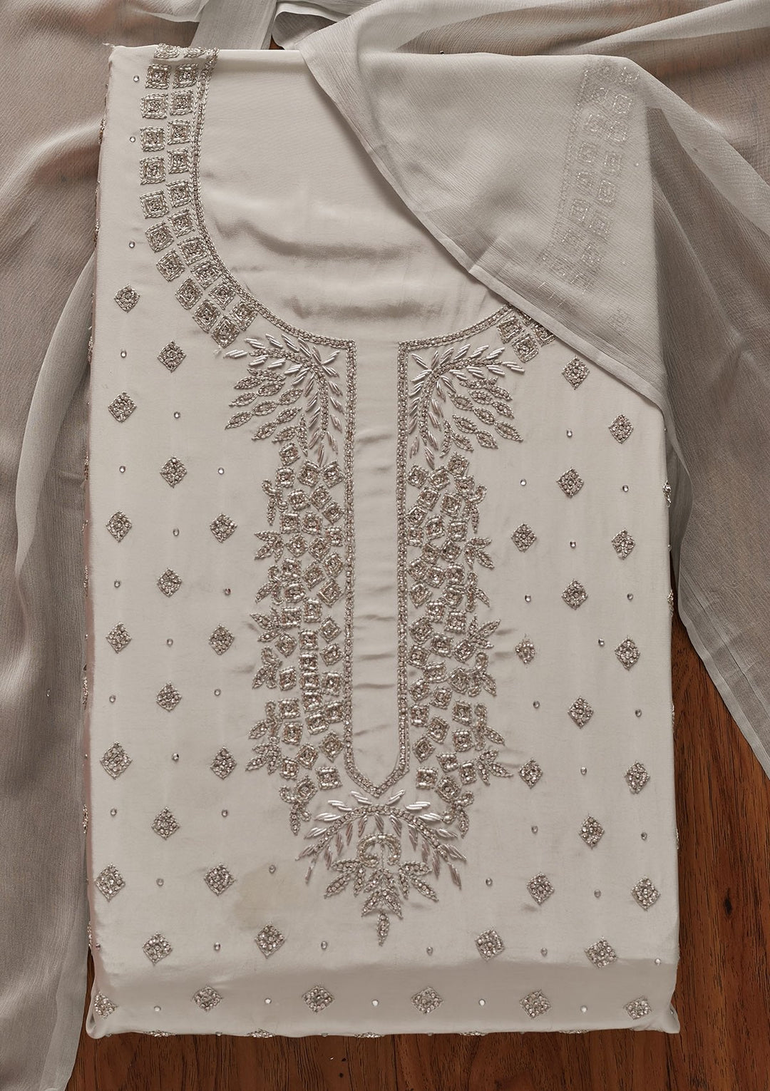 Light Grey Cutdana Semi Crepe Designer Unstitched Salwar Suit - koskii