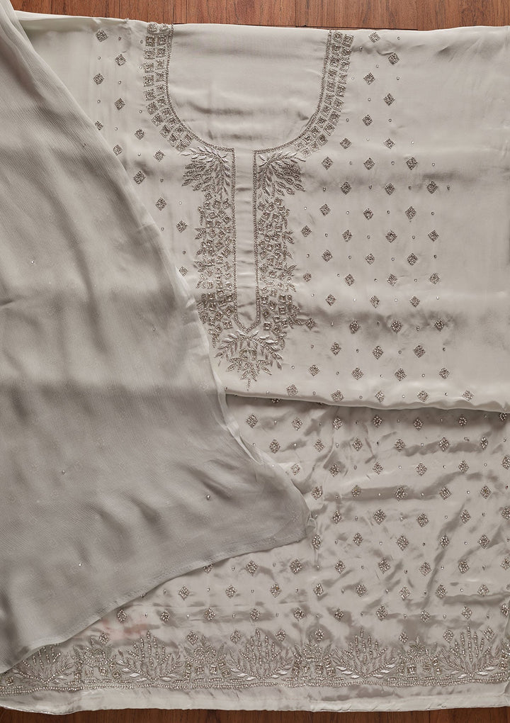 Light Grey Cutdana Semi Crepe Designer Unstitched Salwar Suit - koskii