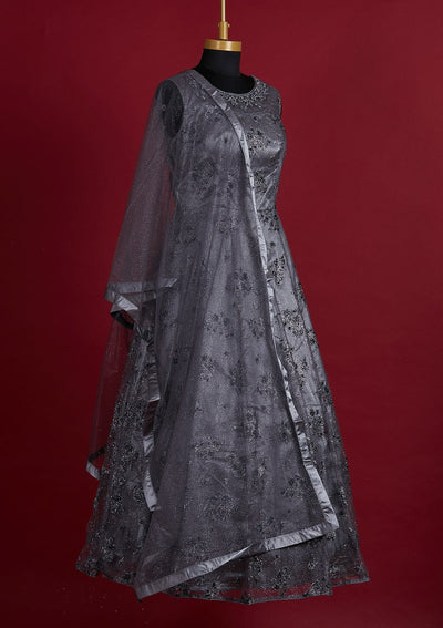 Light Grey Glitter Net Designer Gown - Koskii