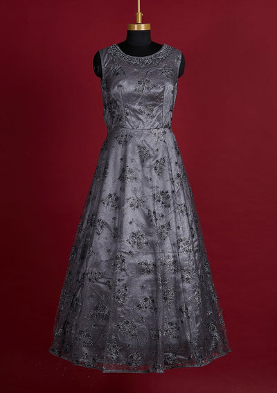 Light Grey Glitter Net Designer Gown - Koskii