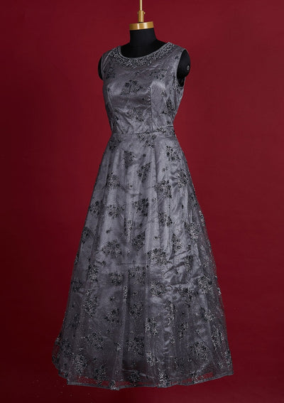 Light Grey Glitter Net Designer Gown - Koskii